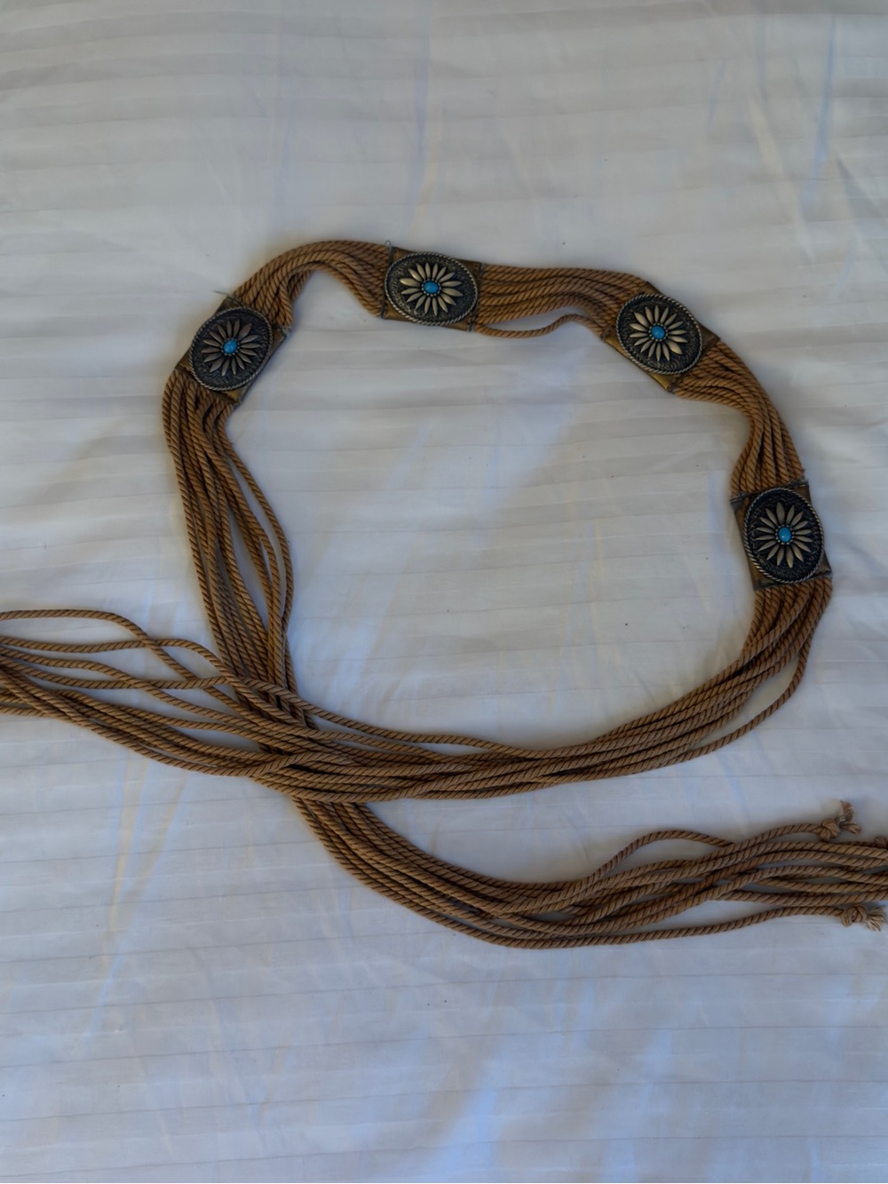 Woven Rope Stretch Belt with Turquoise Medallions - Tan